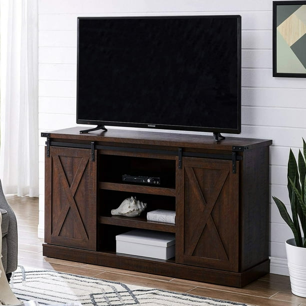 Modern Farmhouse Tv Stand 53 Inch Television With Sliding Barn Door Wooden Cabinet Entertainment Center Stands For Flat Screens Living Room Corner Brown W14466 Com Modern Farmhouse Tv Stand 53, Flat Screen Tv Cabinet With Sliding Doors