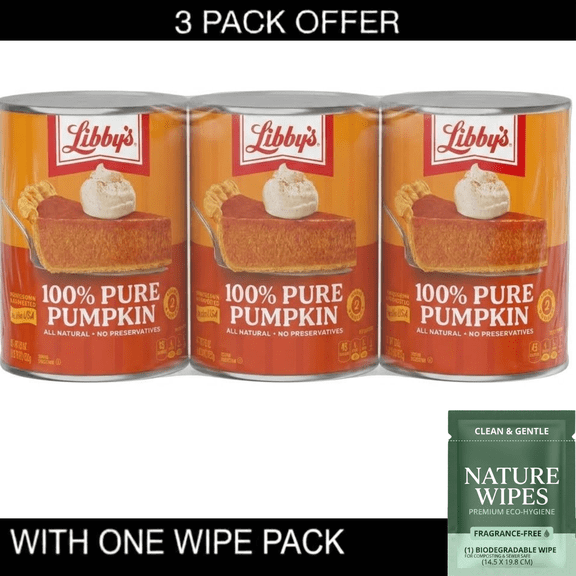 3x Libby's 100% Pure Pumpkin Puree, All Natural Gluten Free Canned Pumpkin for Baking Pumpkin Pie Dessert, 29 oz Can & Wipe Pack& Wipe Pack