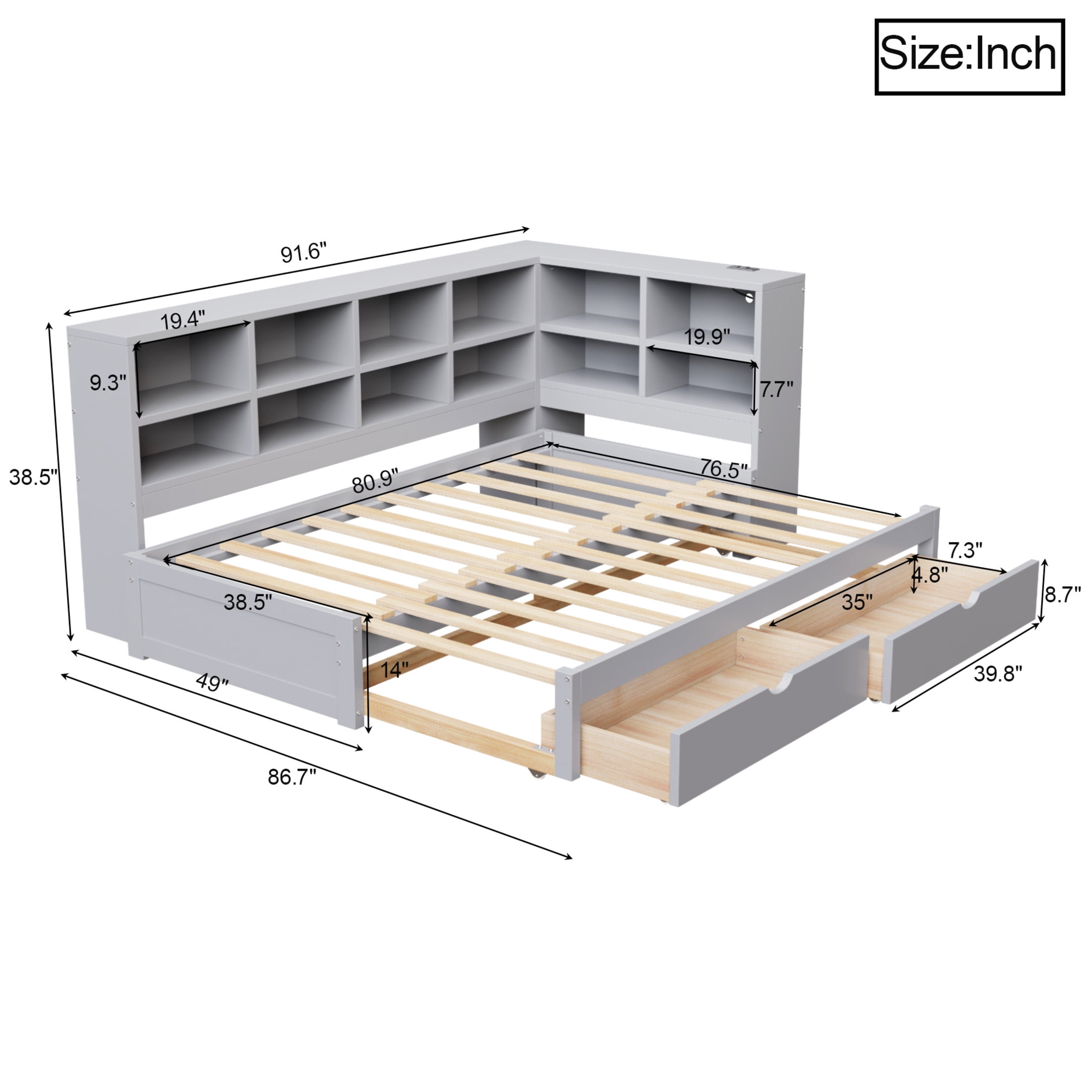 Noble House Corvella Twin XL to King Expandable Daybed with Storage Drawers, Open Shelves, LED and USB, Gray