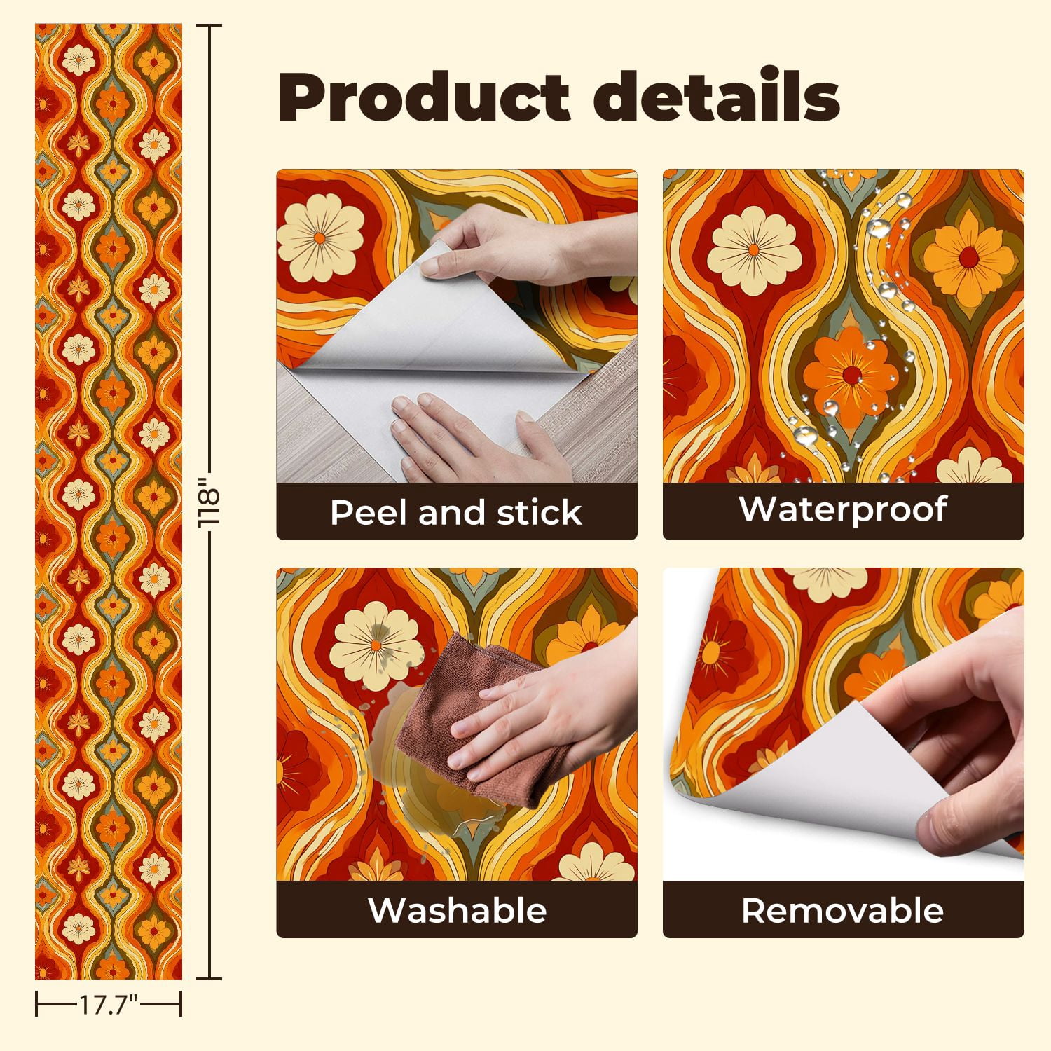 Vintage Peel and Stick Wallpaper Retro Floral Warm Tones Orange Red Yellow Wall Mural 17.7in x 9.8ft Self Adhesive Removable Wall Paper Renter Friendly Wallpaper for Nursery Bedroom Cabinets