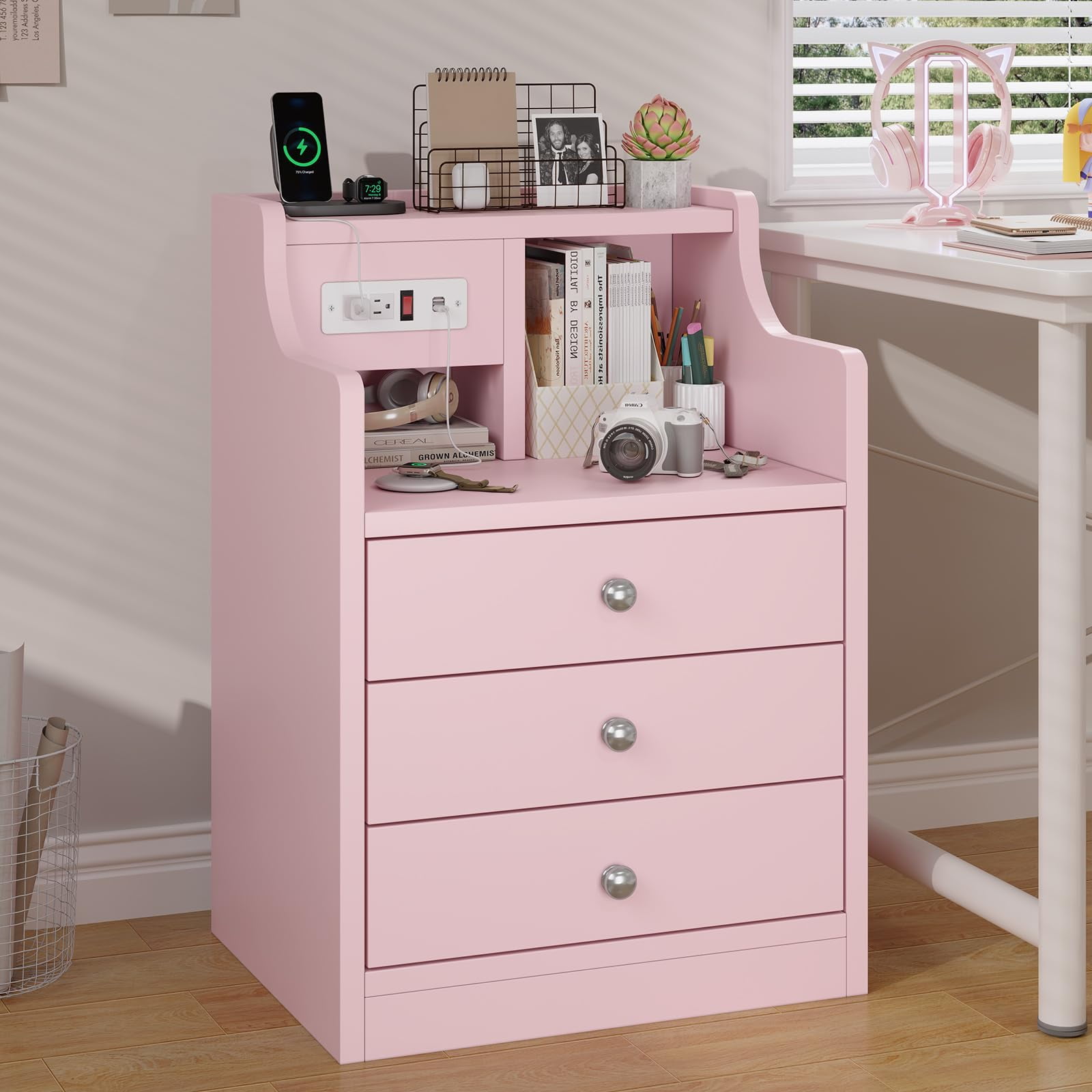 AMUZER Nightstand with Charging Station, Night Stand with 3 Drawers and Open Storage, Bedside Table with 2 USB Ports & 2 Outlets, Modern End Table Bedroom, Pink