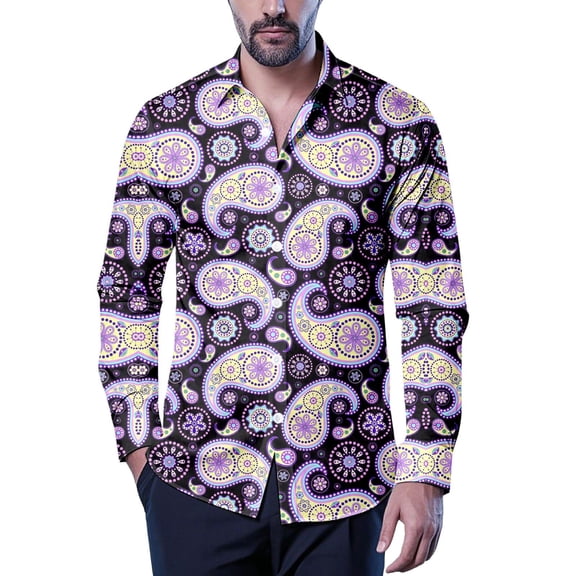 CONZONE Mens 70S Disco Buttons Down Shirts Long Sleeve Shirts for Men Trendy Floral Graphic Lapel Soft Lightweight Tops