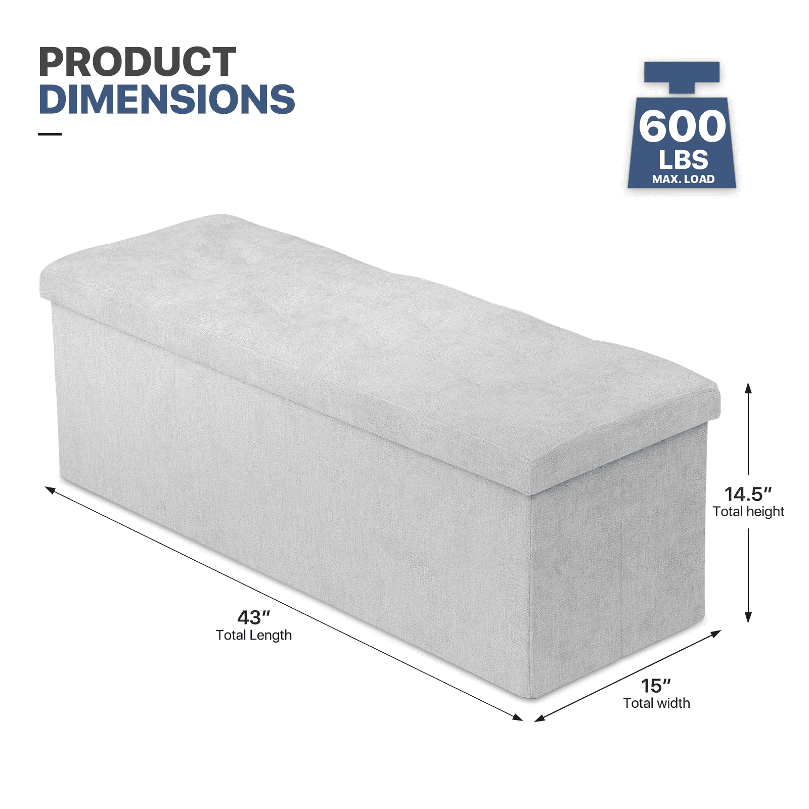 MoNiBloom 43" Collapsible Ottoman with Storage, Cotton-linen Storage Ottoman Bench, Modern Storage Footstool for Living Room Bedroom Entryway, Light Gray