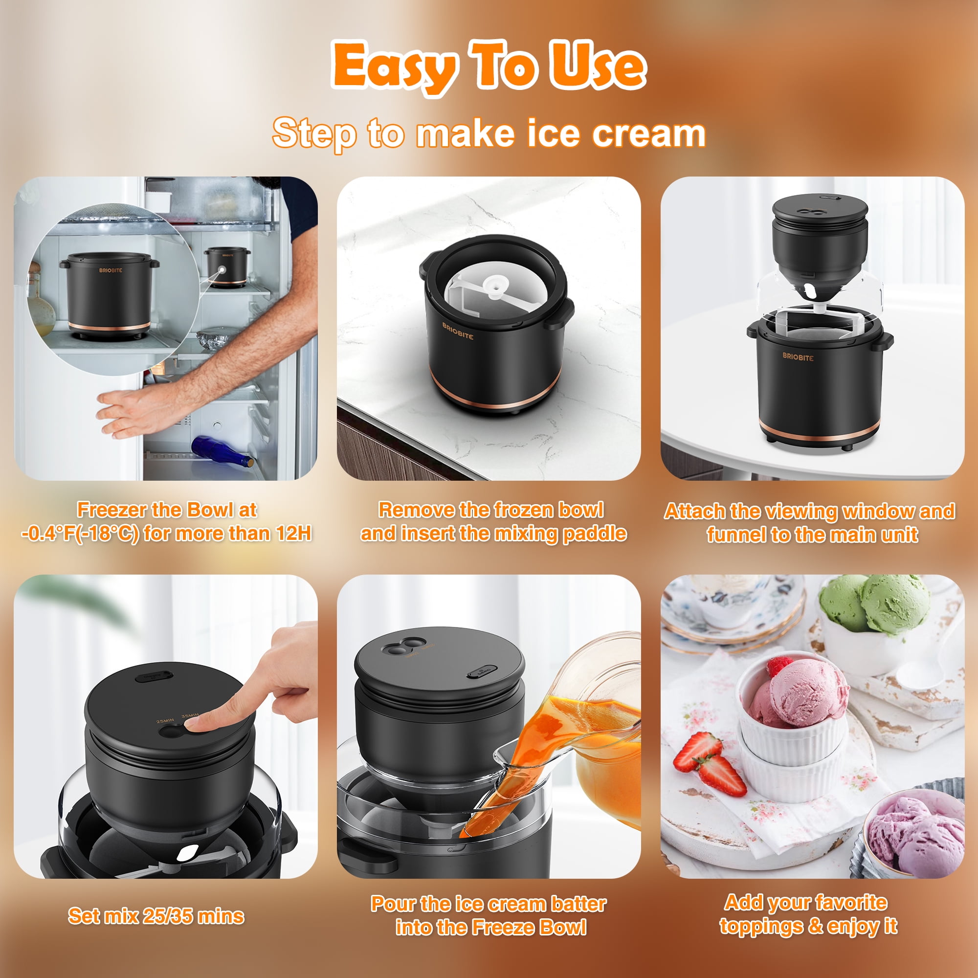 BRIOBITE 1.1 Quart Ice Cream Maker – Electric Ice Cream Machine for Gelato, Milkshakes & Sorbet,Perfect for 2-3 Servings, Easy to Use & Clean,Black