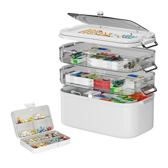 NiHome Home & Travel 4-Tier Medicine Storage Box with Portable Pill Case, Durable Adjustable Compartments, Moisture-Resistant Lid, Secure Handles for Pill Organization, Vitamins, Supplements (White)