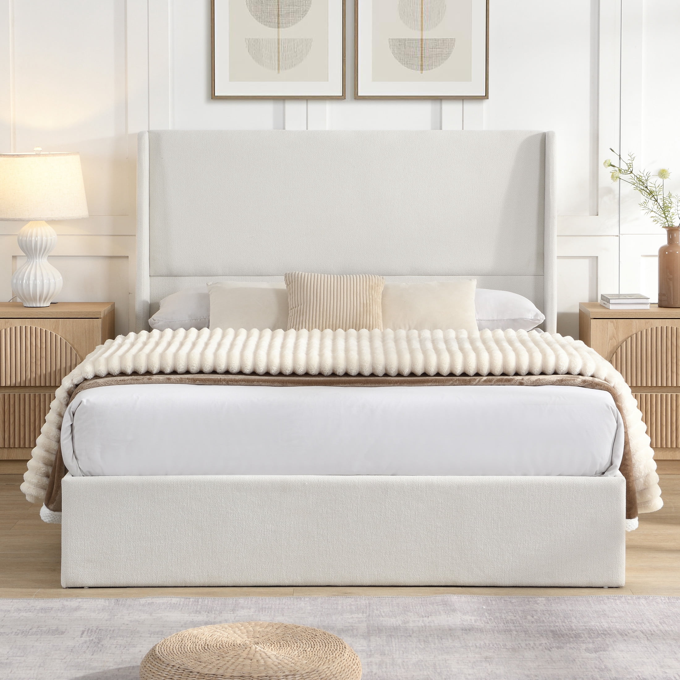 GDF Studio Queen Size Upholstered Bed with Chenille Fabric, High Headboard and 12-Slat Support, Beige