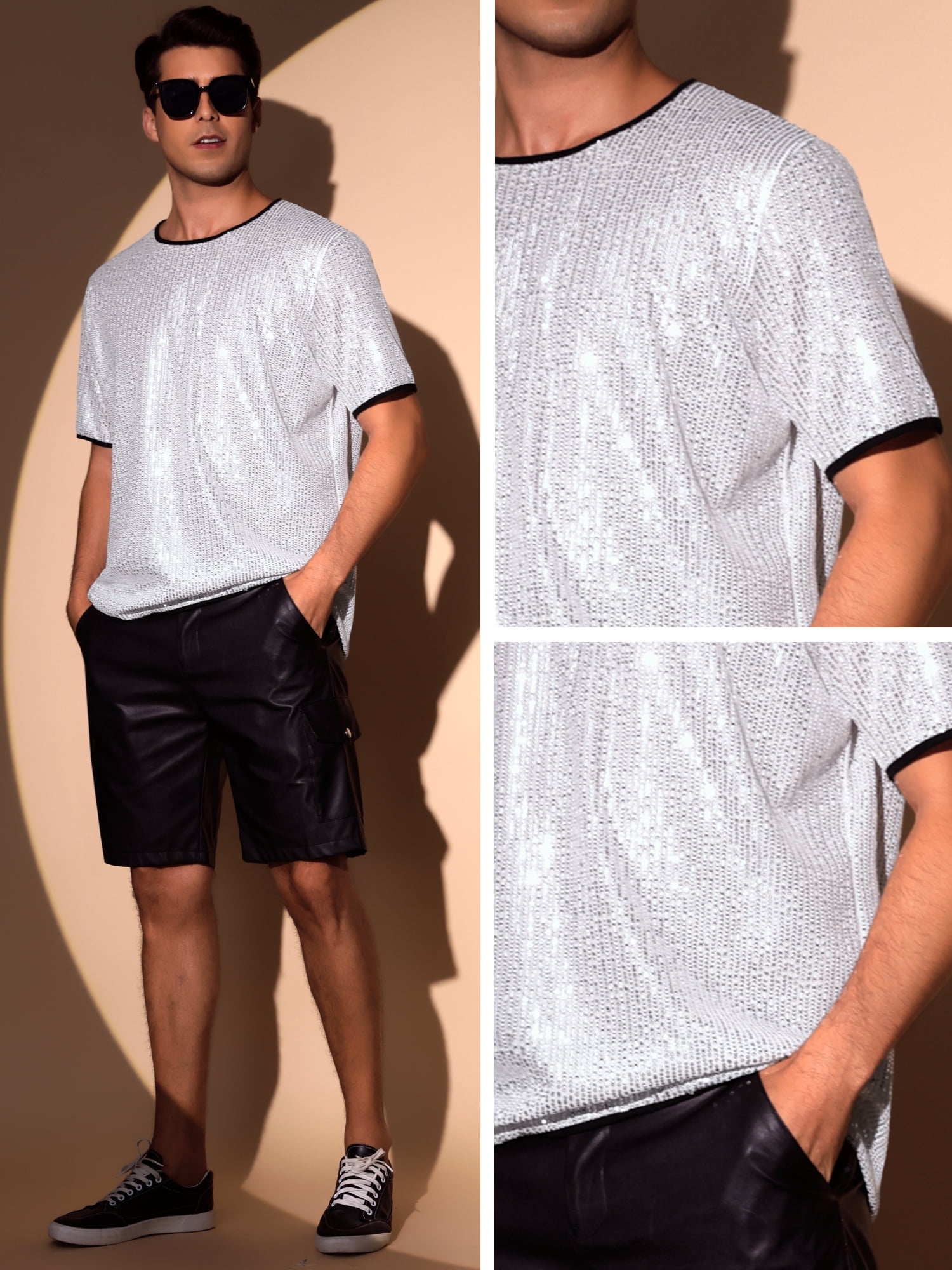 DARING DIVA Men's Short Sleeved Club Rave Party Sparkly Shiny Top S Silver