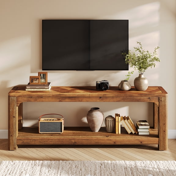 Finmind 2 -Tier Modern Solid Wood TV Stands for TVs up to 55/65/70 Inch, 63 Inch Minimalist Entertainment Centerfor Living Room, Rustic Brown