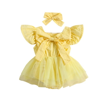 

Newborn Baby Girl Tulle Tutu Romper Dress Ruffled Short Sleeve Bowknot A-line Dress with Headband 2PCs Summer Clothe