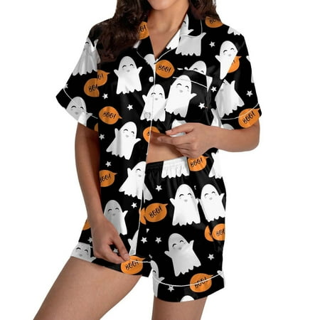DondPO Womens Pajama Sets Women Pajamas Graphic Printed Silk Satin Cute Sleepwear Buttons Short Sleeve Tops Shorts Sets Silk Pajamas For Women Womens Loungewear Set White L Clearance