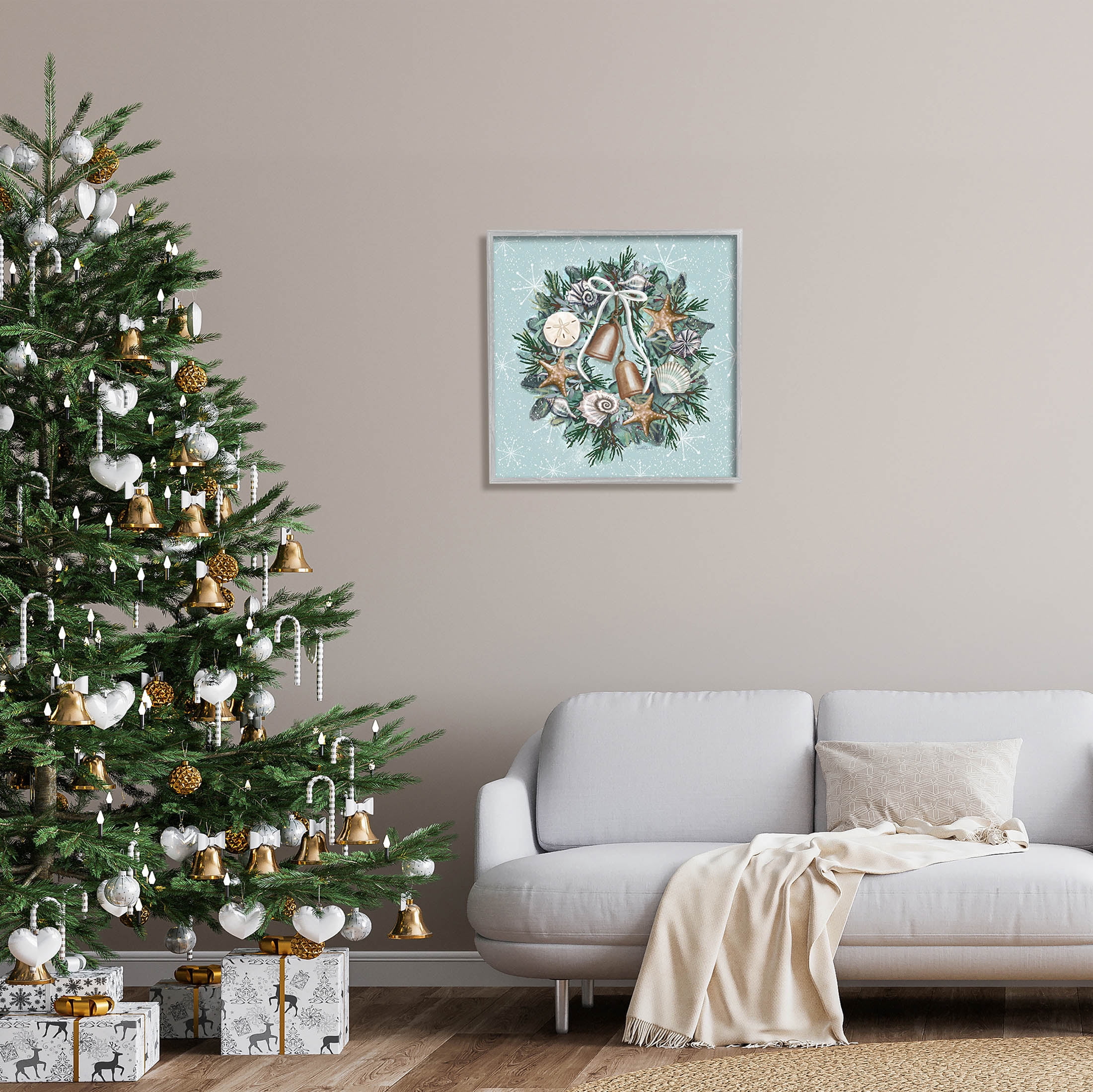 Stupell Industries Nautical Holiday Seashell Wreath Graphic Art Gray Framed Art Print Wall Art, Design by Elizabeth Tyndall