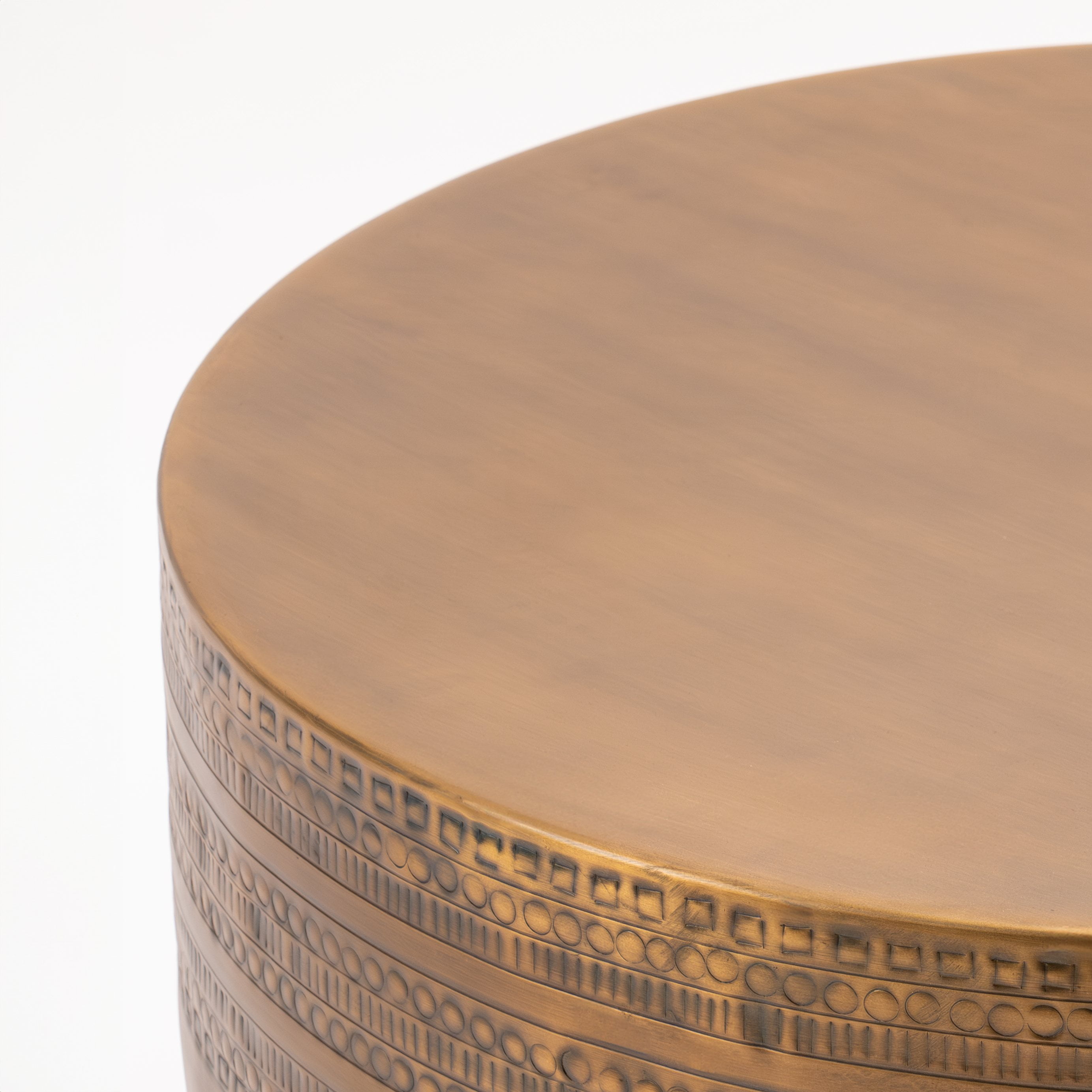 Modern Round Aluminum Hammered Embossed Texturing Metal Drum Coffee Table, Hand-Stamped Iron, Boho Accent Cylinder Drum Coffee Table, Cocktail Table,Brass