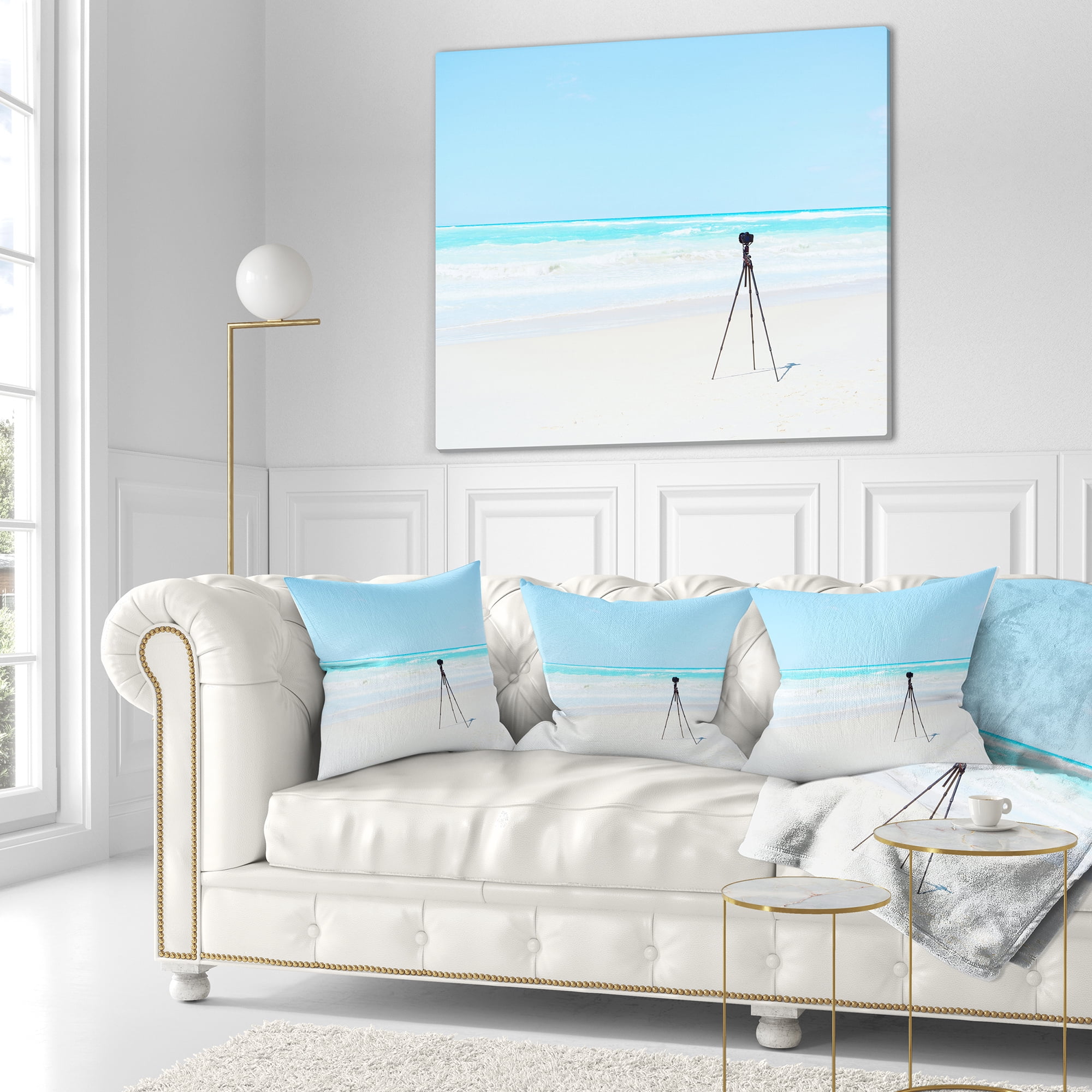 Designart Digital Camera and Tripod on Beach - Landscape Wall Throw Pillow - 18x18