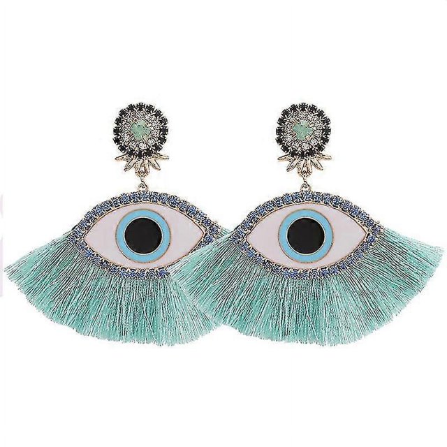 Pendientes colgantes bohemios con forma de ojo, aretes bohemios con borlas y flecos grandes para mujer O, E1116 Azul claro