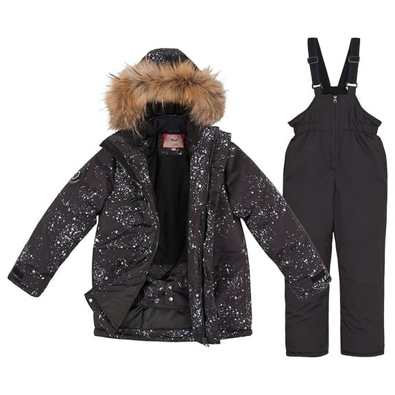KAUOD Boys Girls 2 Piece Snow Suits Faux-F𝐮r Hood Ski Jackets Bib Snow Pants Set Kids Outdoor Waterproof Ski Suits