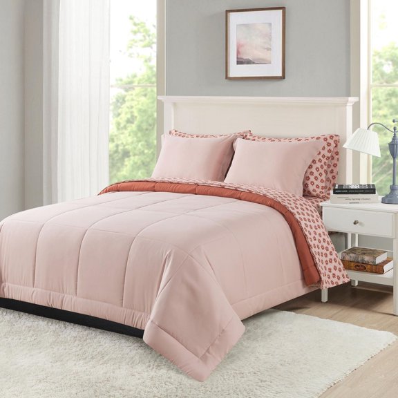 Mainstays Bed-in-Bag All in One Reversible Comforter and Sheet Set, 7-Piece, Full, Pink Blush