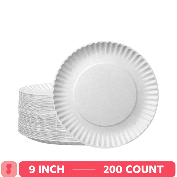 GUSTO 9 Inch Paper Plates Bulk Pack White Disposable Plates Heavy Duty, 200-Pack