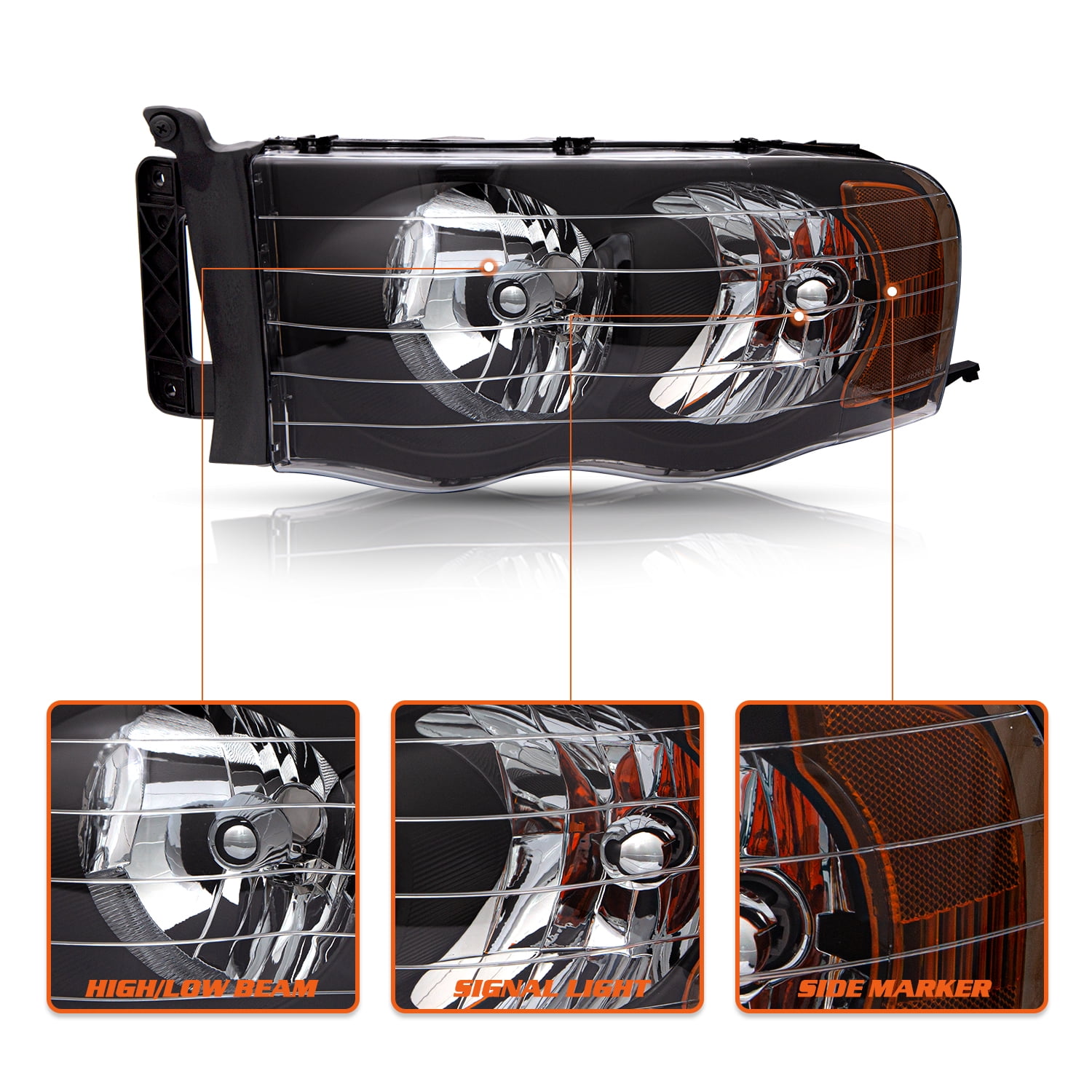BRYGHT-For 1500/2500/3500 Black Amber 02-05 Dodge Ram Headlights Pair