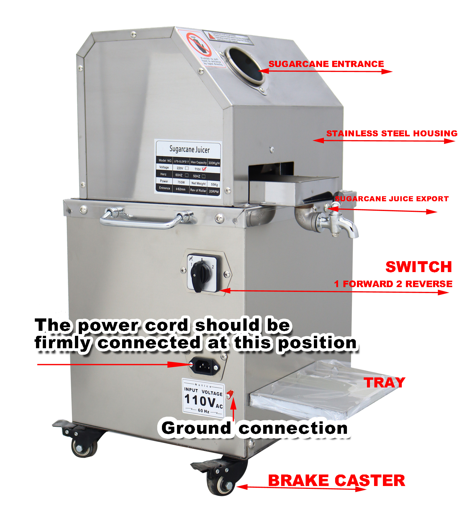 Vertical Electric Sugar Cane Ginger Press Juicer Commercial Sugarcane Juice Extractor 3 Rollers 660 lbs/h