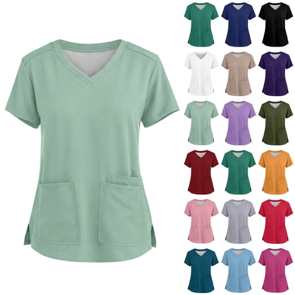 Hearthz Women Scrub Tops V Neck Short Sleeve Nurses Working Uniforms with Pocket Blue Scrub Tops for Women