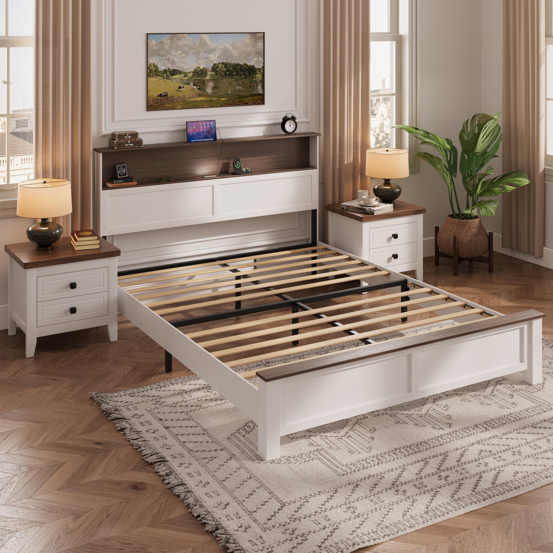 Queen Bed Frame with Storage Headboard and Charging Station, LED Queen Platform Bed with Wood Slat Support for 550lbs Weight Capacity, No Box Spring Needed, Easy Assembly, Brown and White