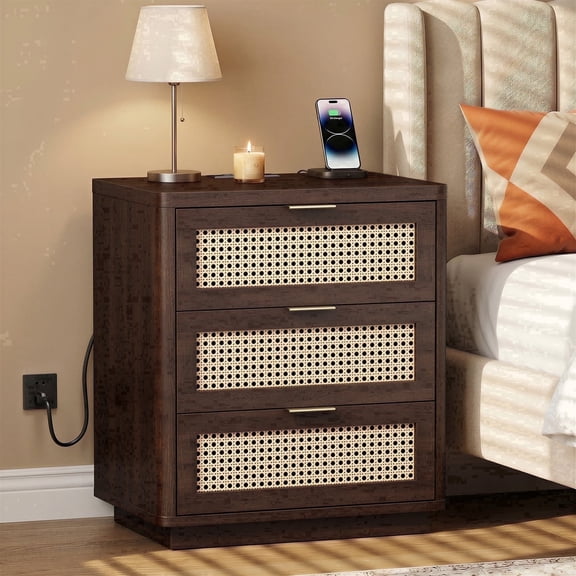 Biemlerfn Nightstand with Charging Station, 3 Drawers Bedside Table, Rattan End Table, Farmhouse Side Table for Bedroom, Living Room, Brown