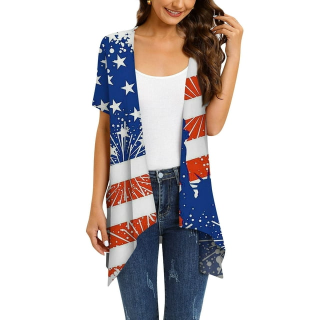 Lenago Summer Plus Size Workout Tops for Women Casual Printed Short Sleeve Cardigans Drape Open Front Lightweight Summer High Low Hem Tops 4th of July Outfits for Women