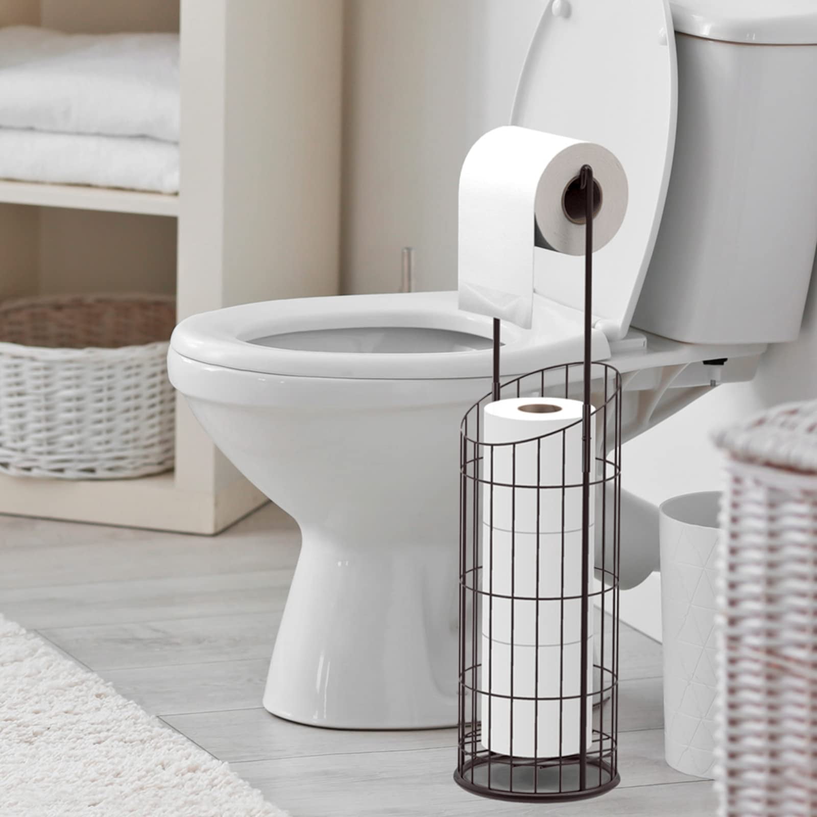 SunCleanse Freestanding Toilet Paper Holder with Storage for 4 Rolls, No Installation Needed,Warm Brown Finish Bathroom Organizer