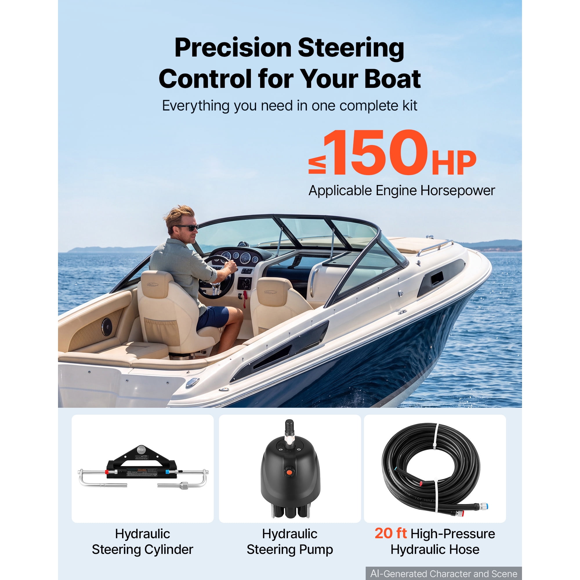 KFFKFF Hydraulic Steering Kit for 150HP Outboard Engines, 20 ft Marine Steering System, 2.5 MPa Helm Pump, Two-Way Lock Cylinder, Durable 20-Foot Hoses, Designed for Single-Engine Applications