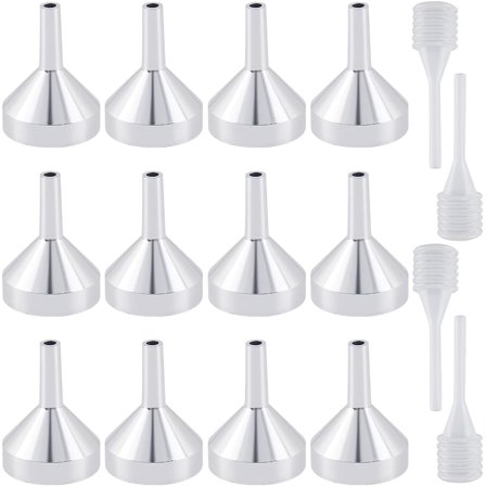 12Pcs 1.3x1 Inch Platina Mini Aluminum Funnel Metal Essential Oil Funnels with 4Pcs Clear Small Pipette Mini Dropper for Filling Small Bottles or Containers Atomizers Perfume Liquid