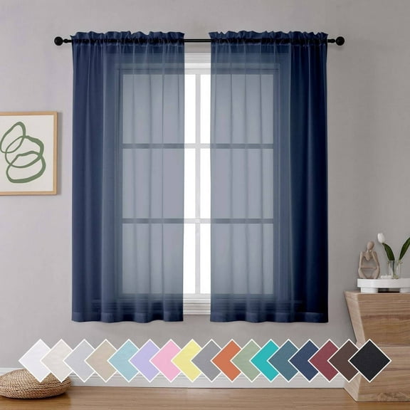 OVZME Sheer Navy Blue Curtain 63 inch Length Set of 2, Rod Pocket Voile Drapes for Living Room, Bedroom, Window Treatments Semi Sheer Curtain Panels for Yard, Patio, Villa, Parlor, 42"x 63"