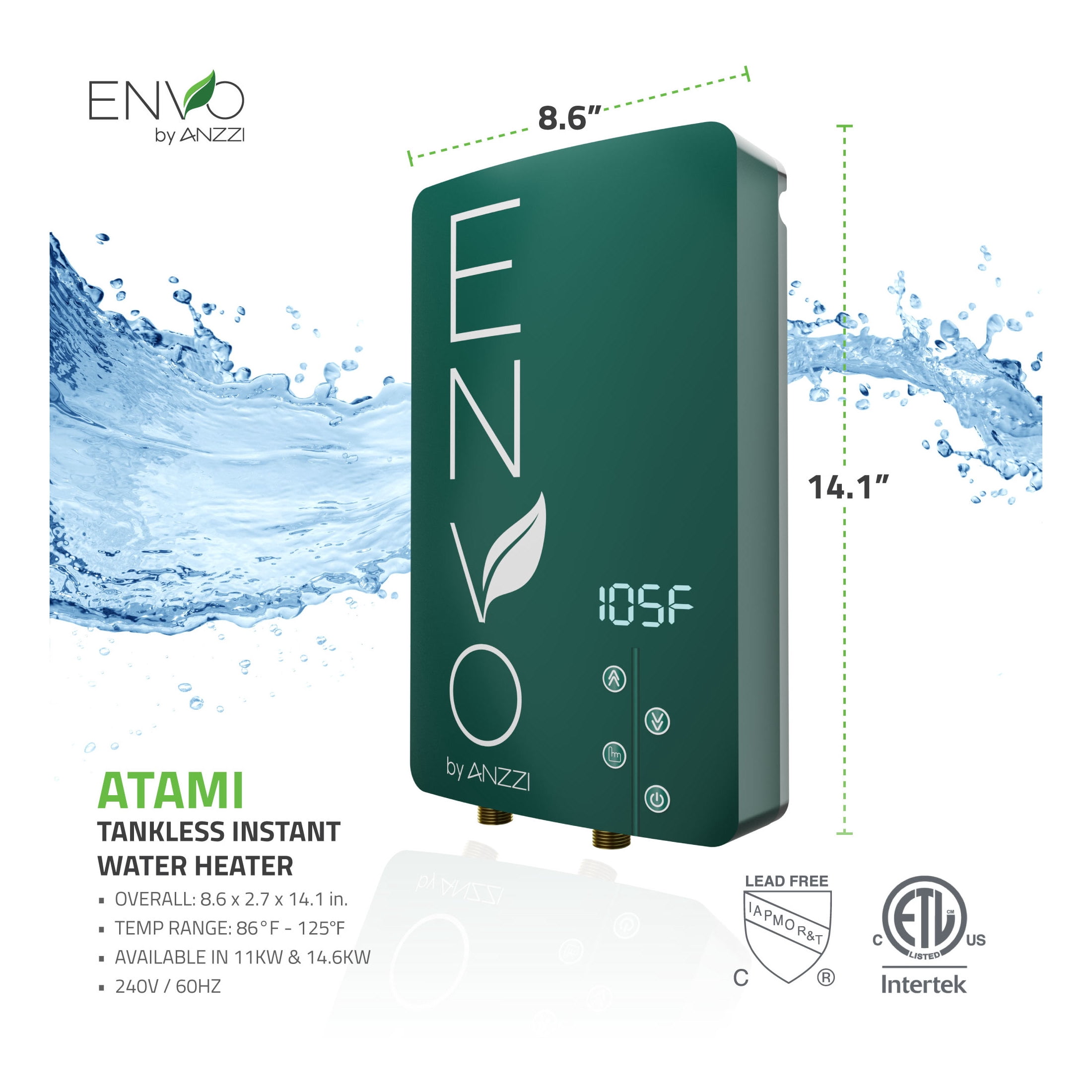 ANZZI Tankless Electric Water Heater Arima Series 14.6 kW Instant Hot Water Heater for Home & Under Sink Use