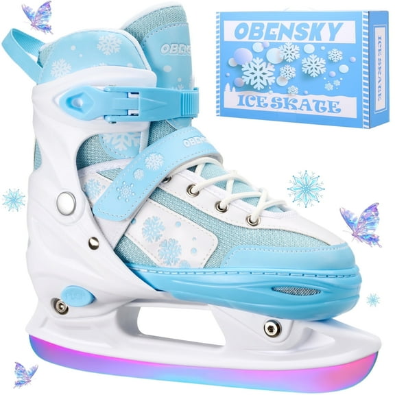 OBENSKY 4 Adjustable Kids Ice Skates for Beginners,Girls&Boys-Ice Skating Shoes w/ Laser Stainless Steel Blade,Blue&Pink