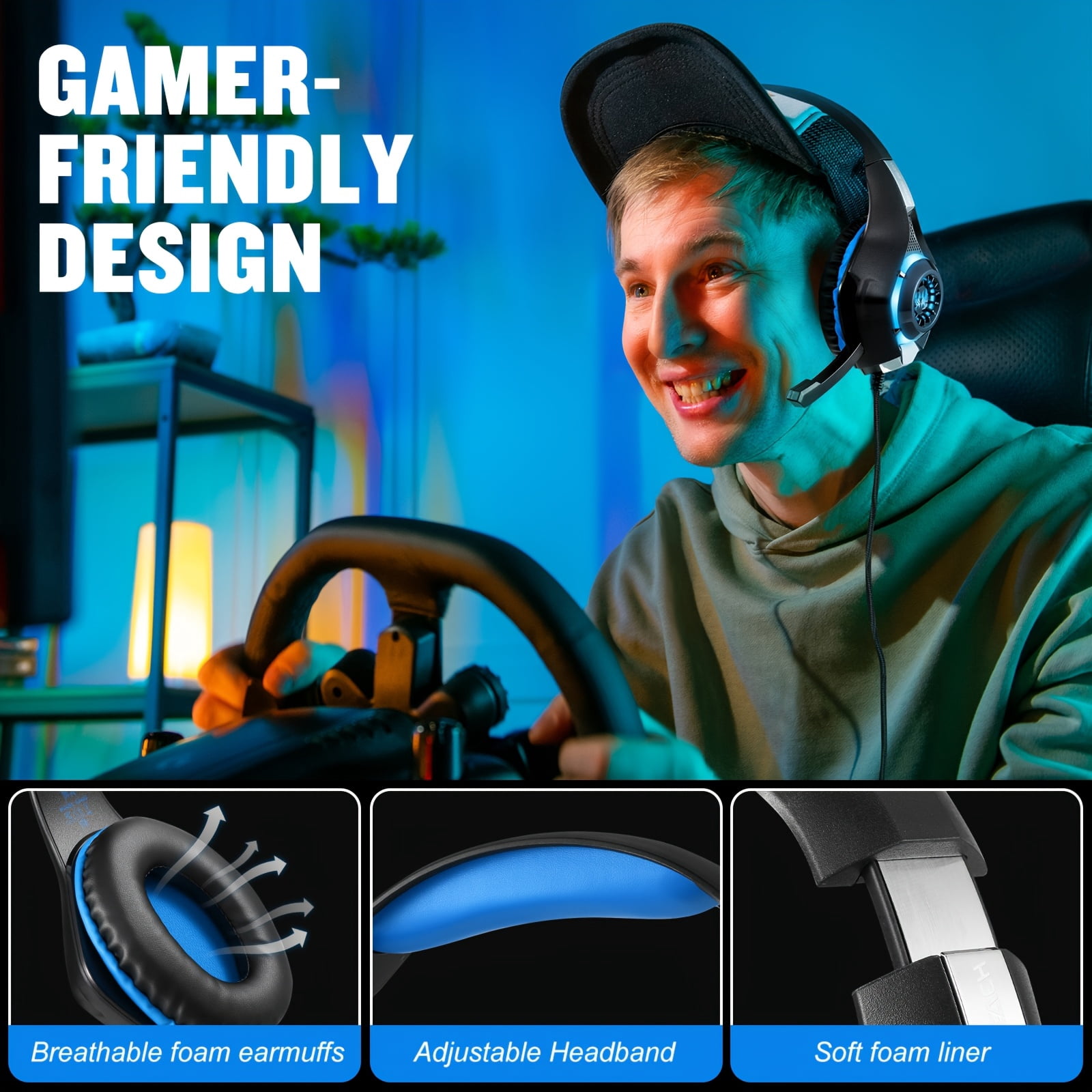 Gaming Headset Headphones for PC, Mac, Ps5, Ps4, Gaming Headphones with Noise Cancelling Mic LED Light Over Ear Headphones for Xbox Series X/S, NS