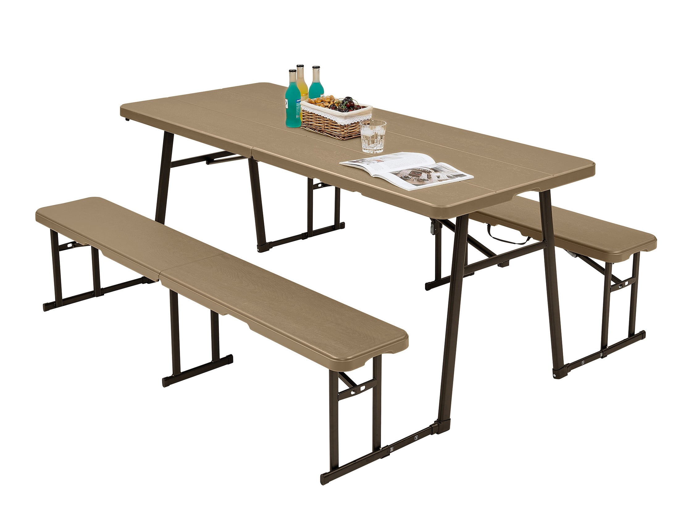 (3 pack) Living & More 3-Piece 6 ft Folding Picnic Table Set with 2 Benches, Polyethylene and Steel, Indoor/Outdoor, Light Brown and Dark Brown