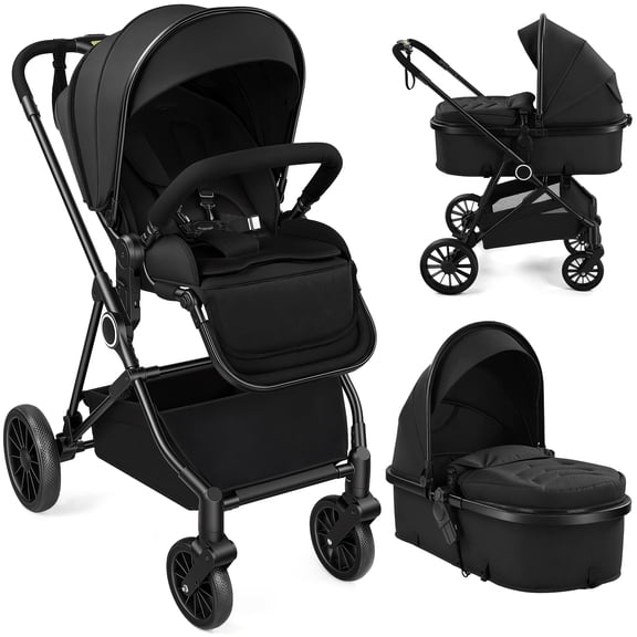 Vomeast 2 in 1 Baby Strollers, Foldable Travel Stroller with Reversible Seat, All-Wheel Suspension, 5-Point Harness, Black