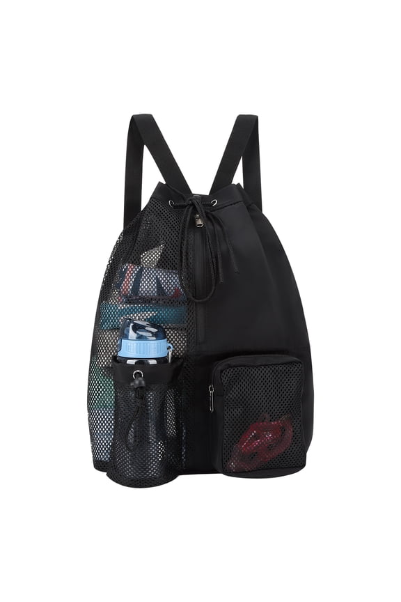 Mesh Drawstring Swim Backpack, Quick-Dry Sand-Free Beach Bag, Lightweight Gym Sack with Pockets, Black