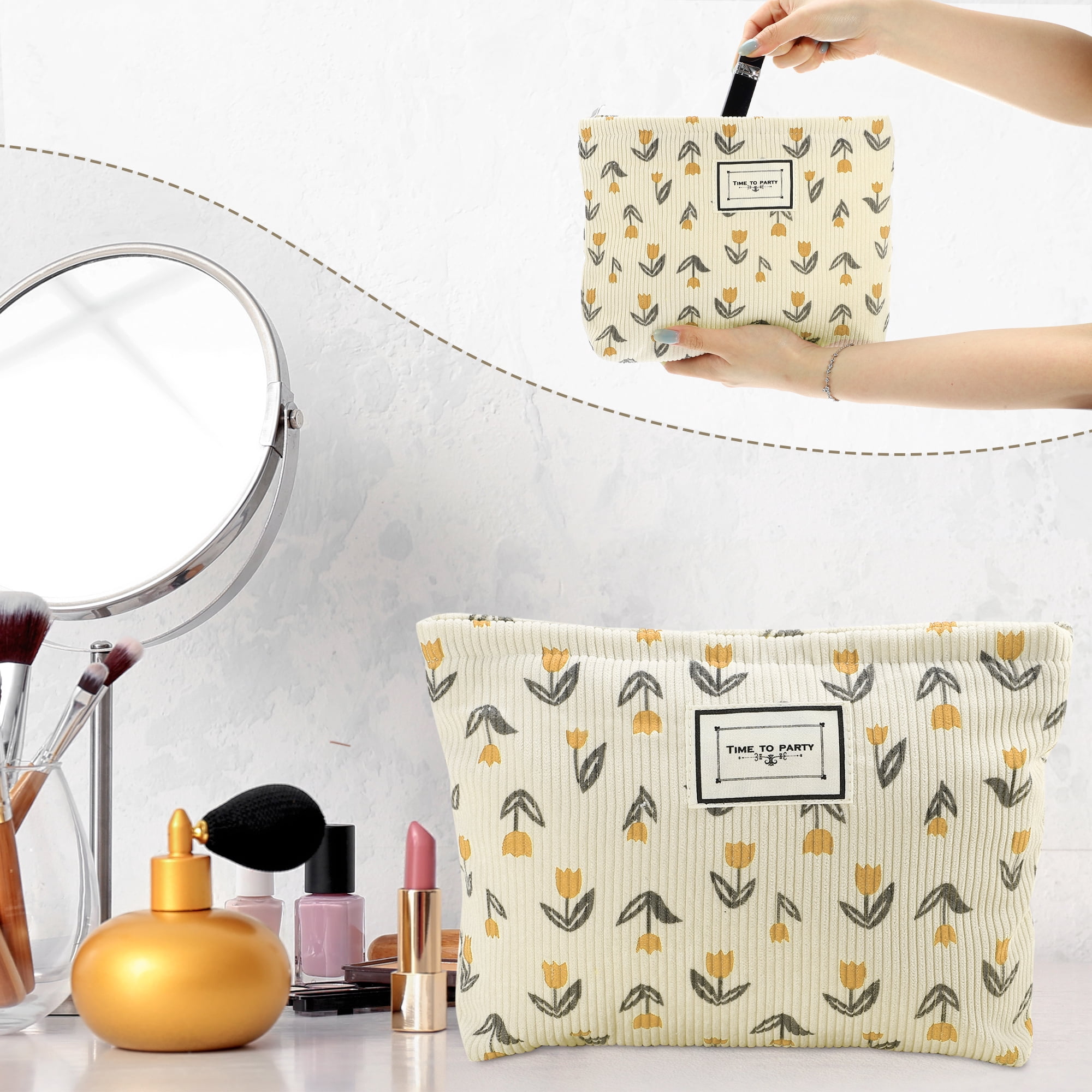 Unique Bargains Floral Makeup BagLarge Capacity Cosmetic Pouch Beige Orange