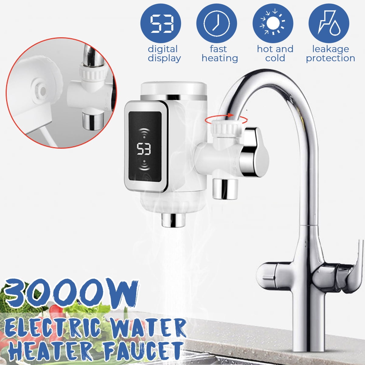 360° Electric Heater LED Faucet Tap Instant Hot Water Bathroom Kitchen 3 Color