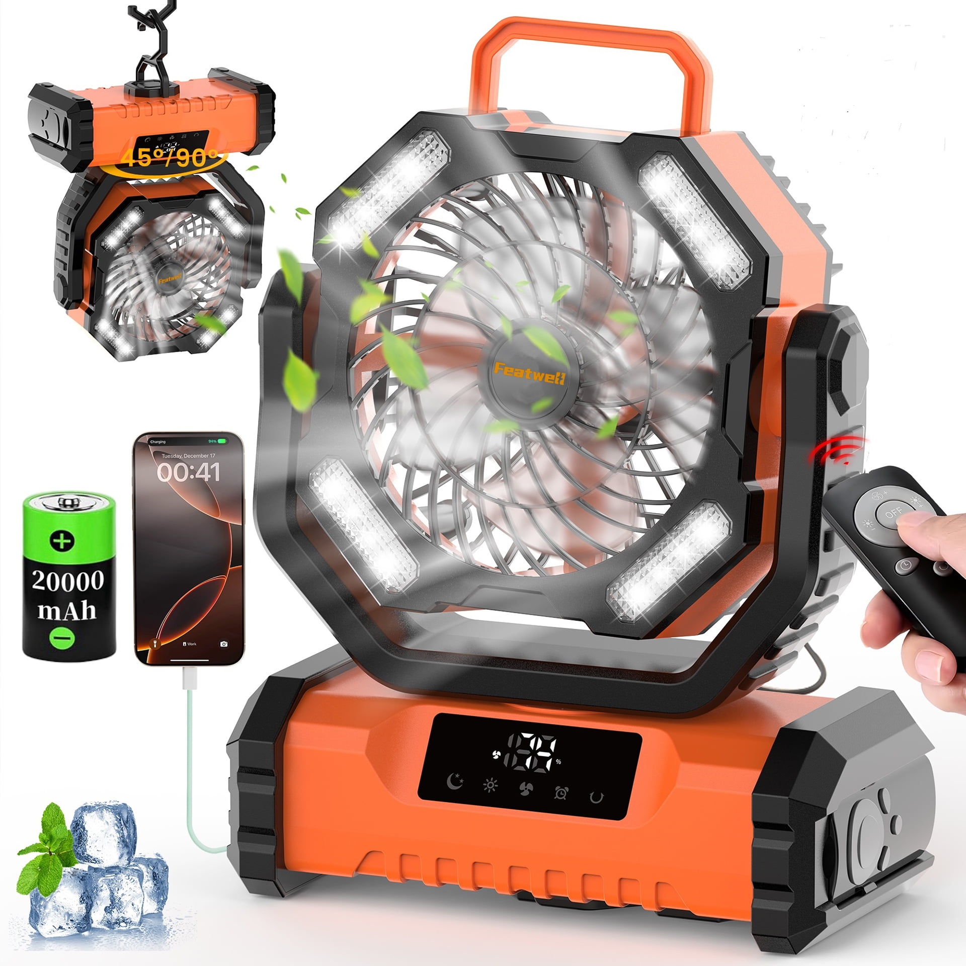 [Touch Control LED Camping Fan] 20000mAh Portable LED Camping Fan with USB Rechargeable Battery & Built-in Light | Compact Outdoor Cooling Fan for Tents, Fishing, and Hiking | Rugged Outdoor Design