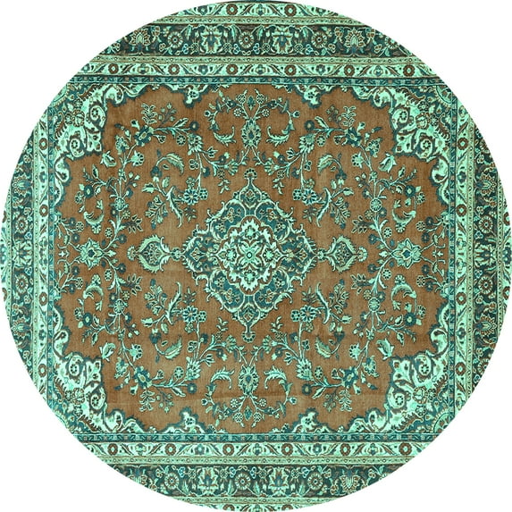 Ahgly Company Machine Washable Indoor Round Persian Turquoise Blue Traditional Area Rugs, 4' Round