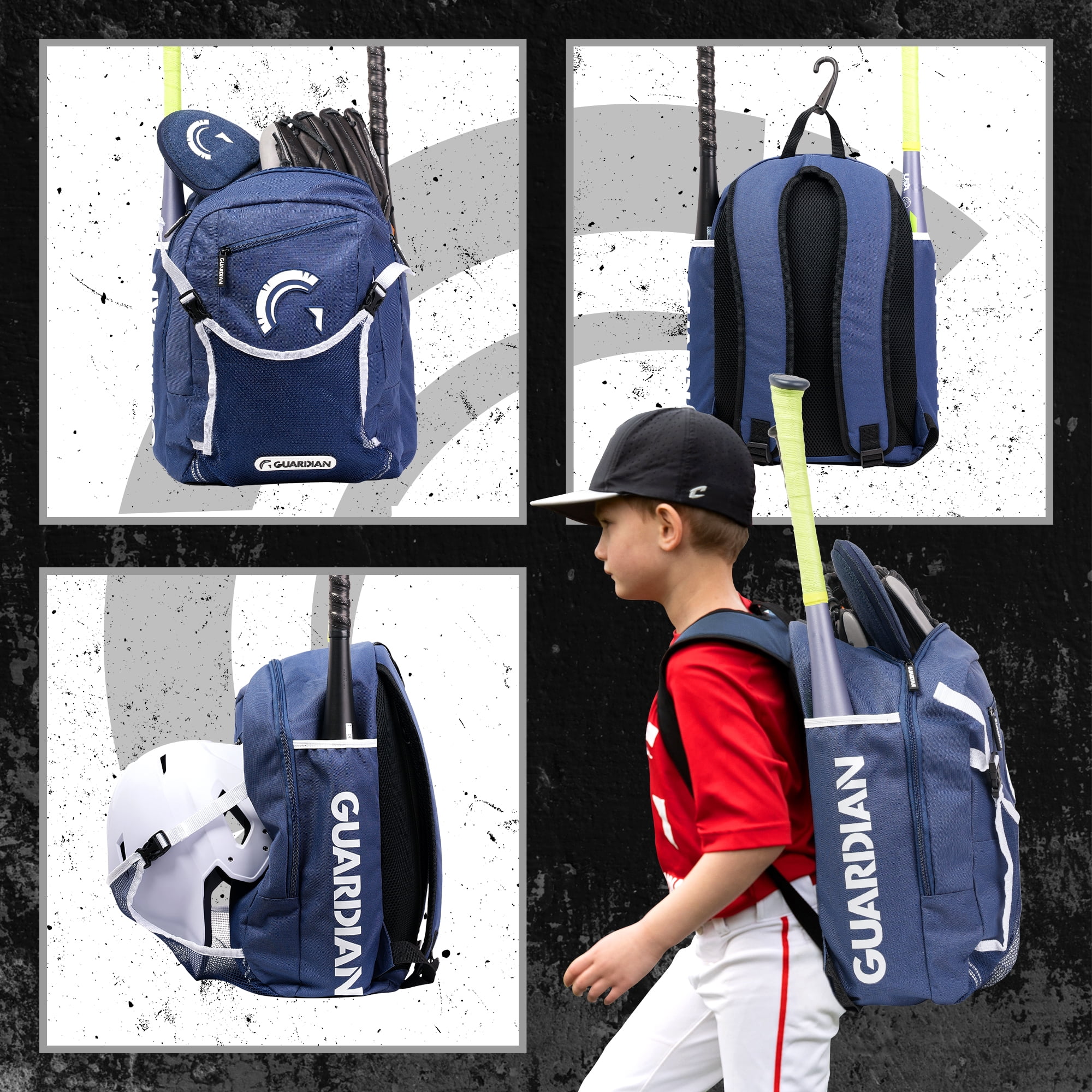 Guardian Baseball Backpack for Youth, Softball Bag for Girls, Durable Bat Bags Baseball Youth Boys and Girls, TBall Bag – Includes Hook to Hang on Fence - Navy/White