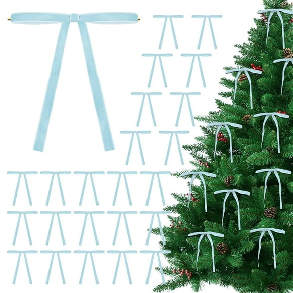 FT Hita Adornos de Lazos de Terciopelo para Árbol de Navidad 24 Pzas Lazos de Navidad Vintage para Coronas Decoración Interior de Navidad Lazos para el Hogar para Envoltura de Regalo de Corona de Árbol (Azul)