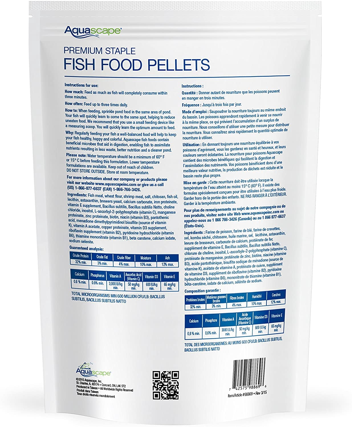 Aquascape Premium Staple Fish Food Pellets for Large Pond Fish, Large Pellet, 4.4 pounds