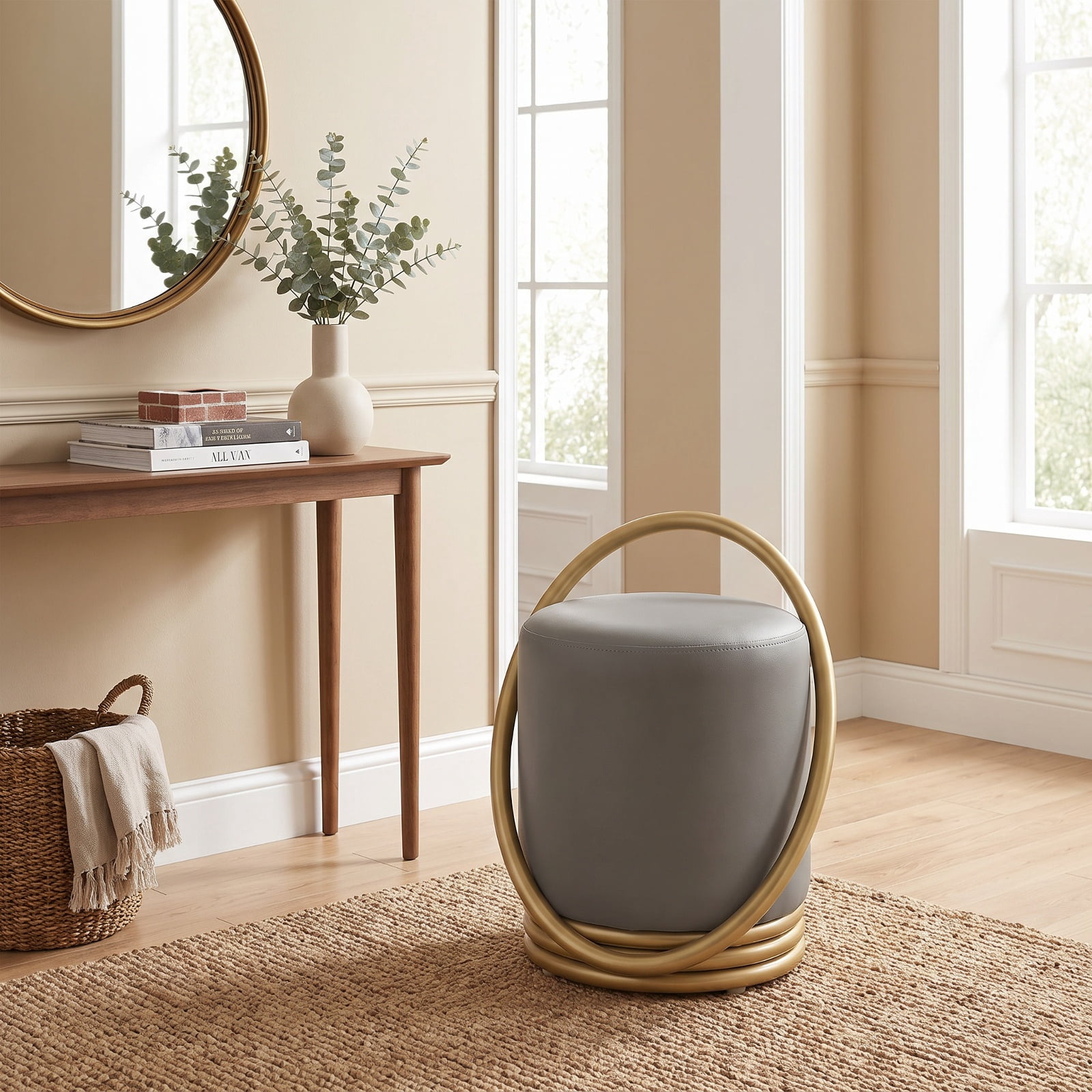 Furnibear Round Vanity Stool with Faux Leather Seat Gold Halo Design Rubber Wood Support and Adjustable Foot Pads for Makeup Room and Bedroom, Grey