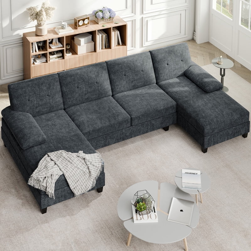 Walsunny U-Shaped Sectional Sofa Couch, 4 Seat U Shaped Oversized Clearance Sofa Set with Double Chaise for Living Room, Dark Gray