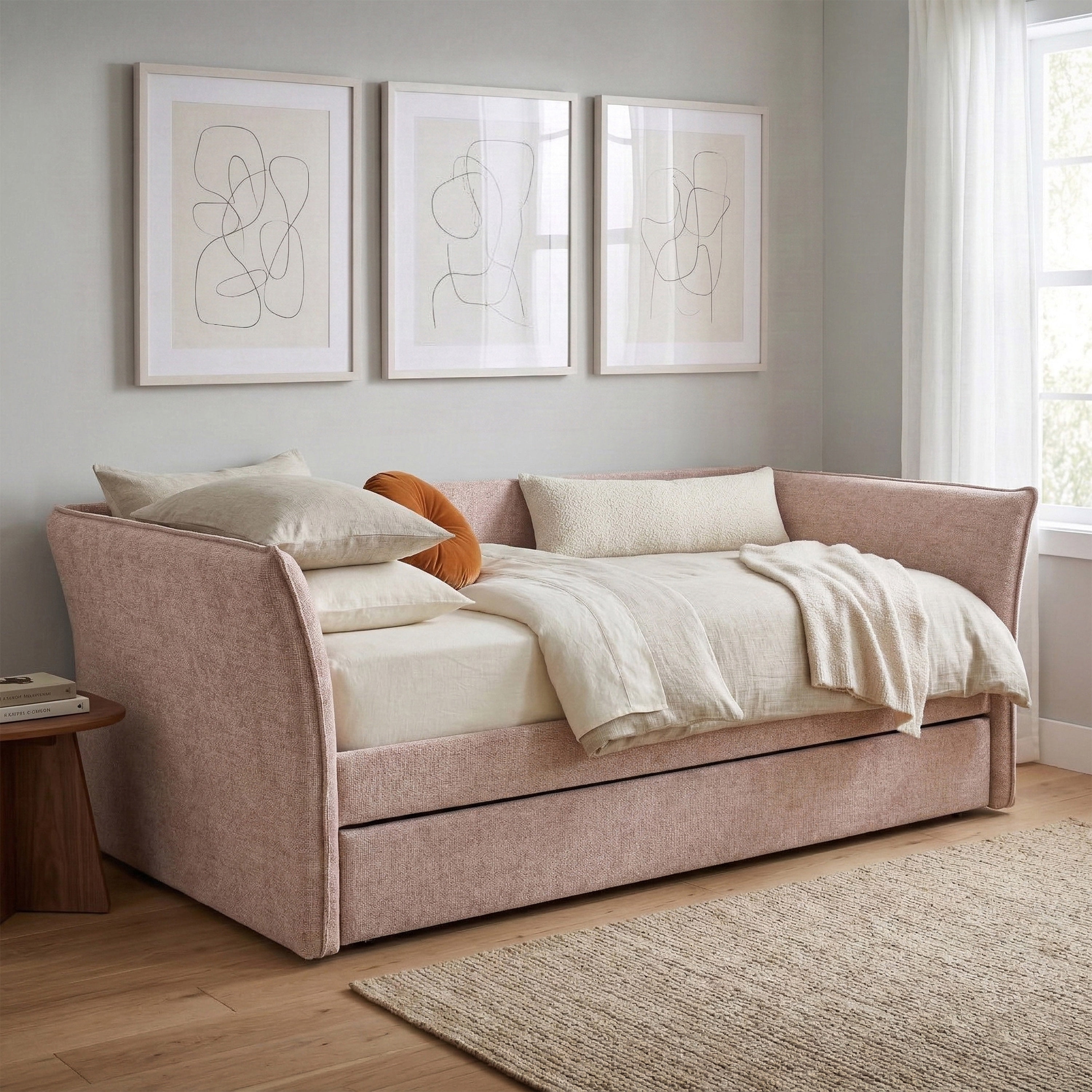 Furniture of America Liovet Fully Fabric Upholstered Flared Arm Twin Daybed with Trundle, Pink