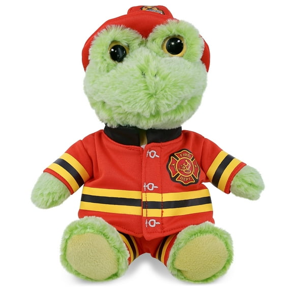 DolliBu Sitting Frog Firefighter Stuffed Animal - Super Soft Frog Fireman Toy with Red Fireman Costume Outfit and Fireman Hat, Cute Farm Life Animal Fire Fighter Doll Plush Toy for Kids - 9 Inch