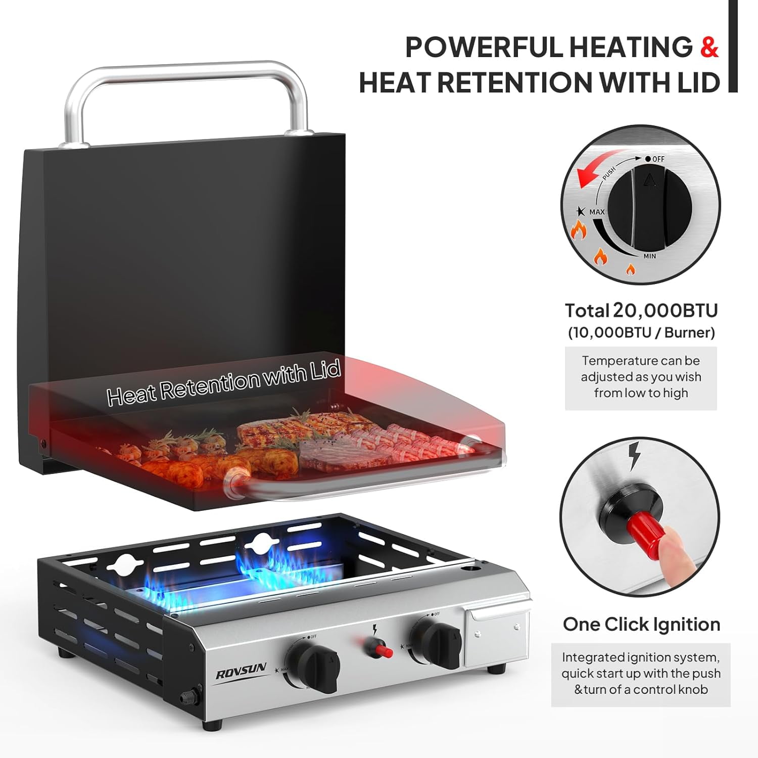 TUFFIOM 2 Burner Portable Propane Griddle with Enameled Tray & Lid, 20000 BTU Rolling Flat Top Gas Grill with Electronic Ignition & Regulator for Outdoor Cooking Camping BBQ Tailgating