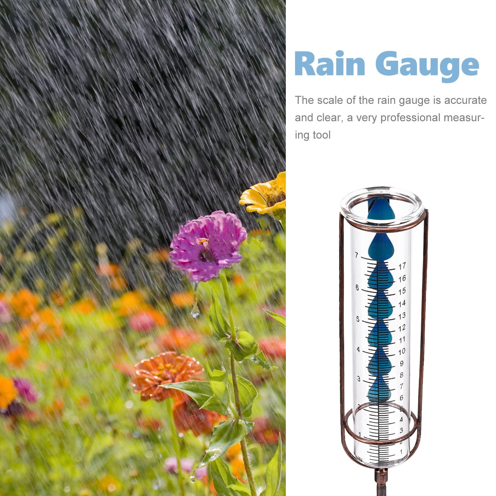 HOMEMAXS Outdoor Rain Gauge with Metal Stake Decorative Rain Gauge Detachable Rain Gauge(7 inches capacity)